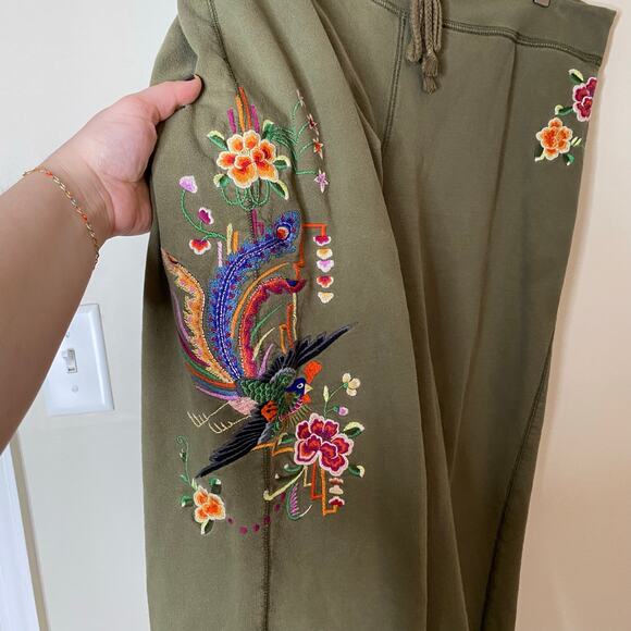 Y2K LUCKY BRAND Green Embroidered Floral Bird Drawstring Cotton Sweatpants Large - Picture 3 of 7